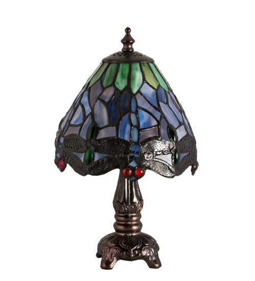Meyda Lighting Tiffany Hanginghead Dragonfly 26615 12" Mahogany Bronze Mini Table Lamp With Multi-Colored Shade Glass