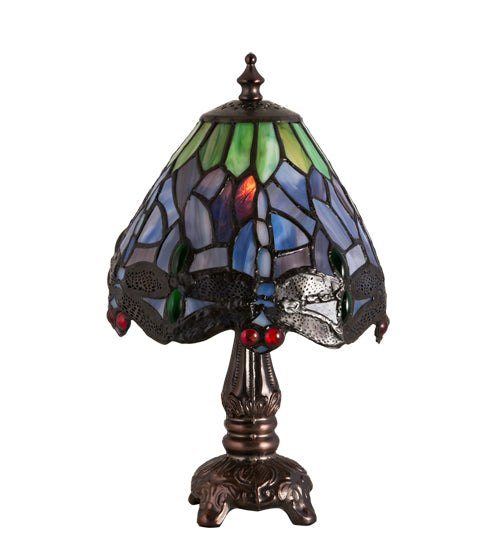 Meyda Lighting Tiffany Hanginghead Dragonfly 26615 12" Mahogany Bronze Mini Table Lamp With Multi-Colored Shade Glass