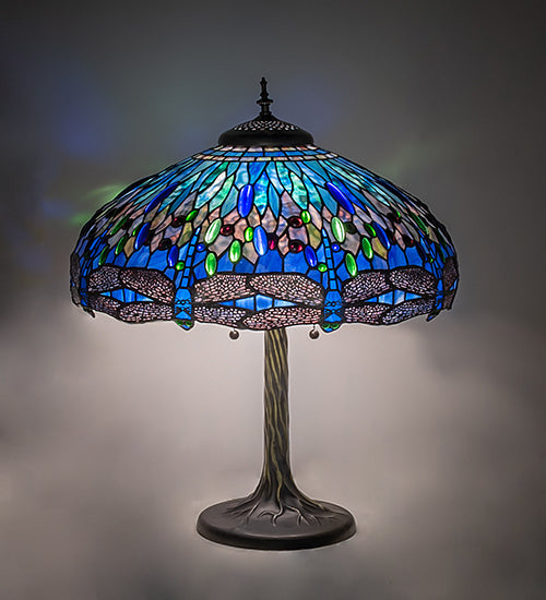 Meyda Lighting Tiffany Hanginghead Dragonfly 27" 3-Light Mahogany Bronze Table Lamp With Blue & Green Shade Glass