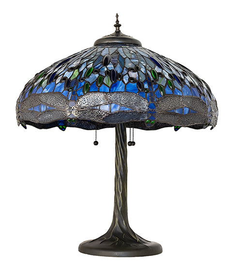 Meyda Lighting Tiffany Hanginghead Dragonfly 27" 3-Light Mahogany Bronze Table Lamp With Blue & Green Shade Glass