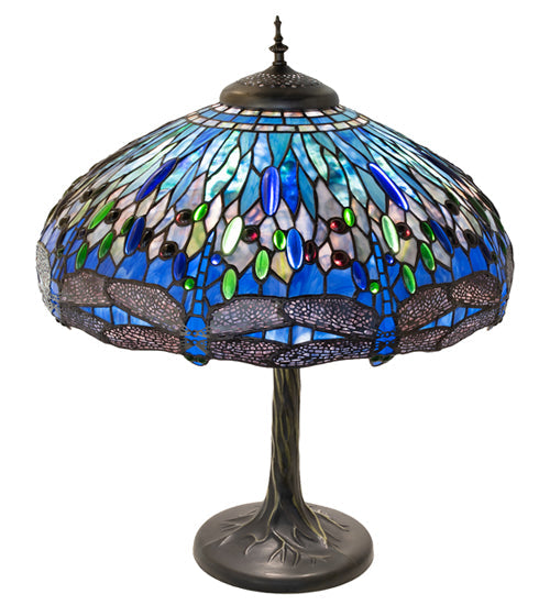 Meyda Lighting Tiffany Hanginghead Dragonfly 27" 3-Light Mahogany Bronze Table Lamp With Blue & Green Shade Glass