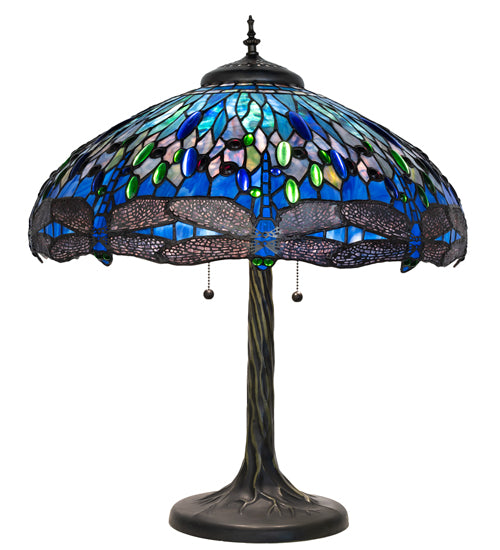 Meyda Lighting Tiffany Hanginghead Dragonfly 27" 3-Light Mahogany Bronze Table Lamp With Blue & Green Shade Glass
