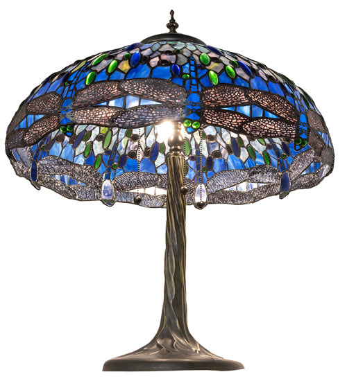 Meyda Lighting Tiffany Hanginghead Dragonfly 27" 3-Light Mahogany Bronze Table Lamp With Blue & Green Shade Glass