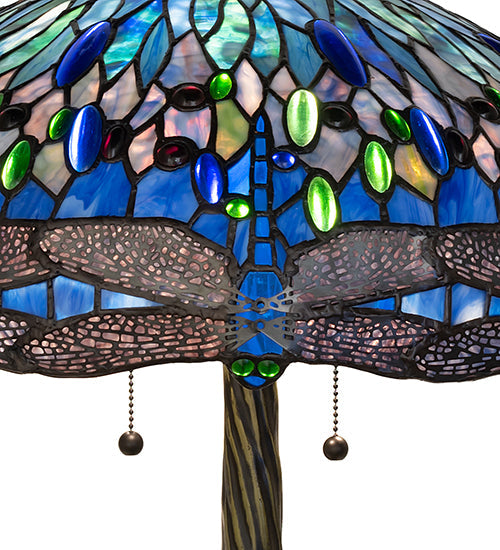 Meyda Lighting Tiffany Hanginghead Dragonfly 27" 3-Light Mahogany Bronze Table Lamp With Blue & Green Shade Glass