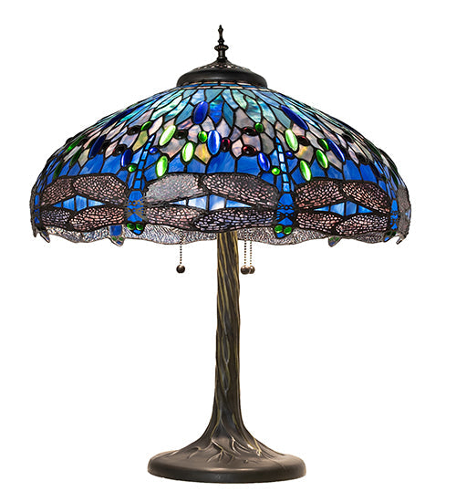 Meyda Lighting Tiffany Hanginghead Dragonfly 27" 3-Light Mahogany Bronze Table Lamp With Blue & Green Shade Glass