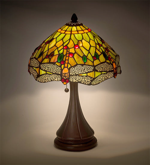 Meyda Lighting Tiffany Hanginghead Dragonfly 28460 18" Mahogany Bronze Accent Table Lamp With Multi-Colored Shade Glass