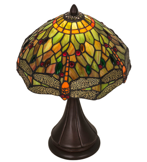 Meyda Lighting Tiffany Hanginghead Dragonfly 28460 18" Mahogany Bronze Accent Table Lamp With Multi-Colored Shade Glass