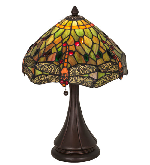 Meyda Lighting Tiffany Hanginghead Dragonfly 28460 18" Mahogany Bronze Accent Table Lamp With Multi-Colored Shade Glass