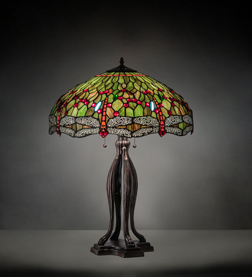 Meyda Lighting Tiffany Hanginghead Dragonfly 30" 3-Light Mahogany Bronze Table Lamp With Multi-Colored Shade Glass