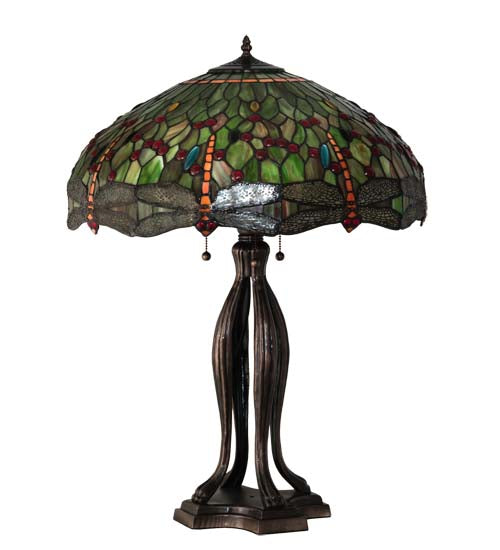 Meyda Lighting Tiffany Hanginghead Dragonfly 30" 3-Light Mahogany Bronze Table Lamp With Multi-Colored Shade Glass