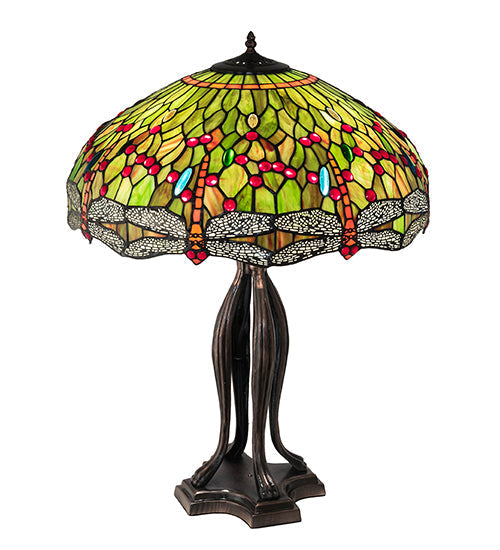 Meyda Lighting Tiffany Hanginghead Dragonfly 30" 3-Light Mahogany Bronze Table Lamp With Multi-Colored Shade Glass