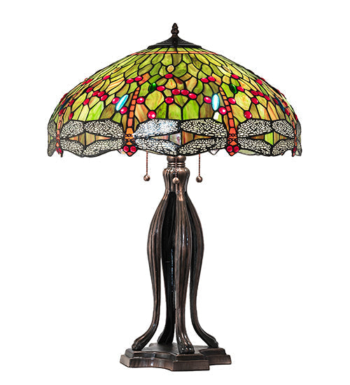 Meyda Lighting Tiffany Hanginghead Dragonfly 30" 3-Light Mahogany Bronze Table Lamp With Multi-Colored Shade Glass