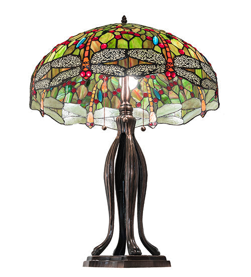 Meyda Lighting Tiffany Hanginghead Dragonfly 30" 3-Light Mahogany Bronze Table Lamp With Multi-Colored Shade Glass