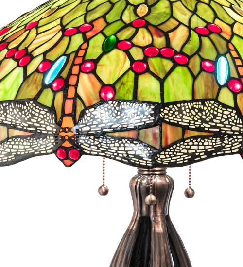 Meyda Lighting Tiffany Hanginghead Dragonfly 30" 3-Light Mahogany Bronze Table Lamp With Multi-Colored Shade Glass