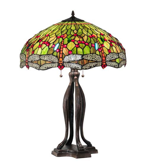 Meyda Lighting Tiffany Hanginghead Dragonfly 30" 3-Light Mahogany Bronze Table Lamp With Multi-Colored Shade Glass