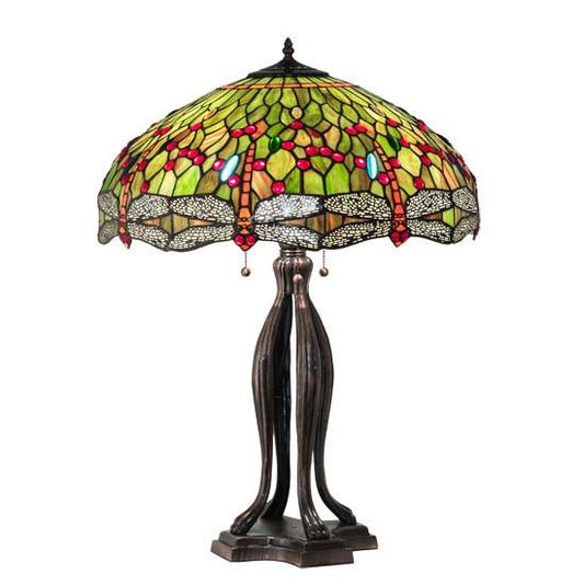 Meyda Lighting Tiffany Hanginghead Dragonfly 30" 3-Light Mahogany Bronze Table Lamp With Multi-Colored Shade Glass
