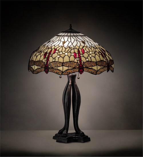 Meyda Lighting Tiffany Hanginghead Dragonfly 30" 3-Light Mahogany Bronze Table Lamp With Ruby & Amber Shade Glass