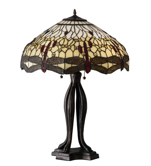 Meyda Lighting Tiffany Hanginghead Dragonfly 30" 3-Light Mahogany Bronze Table Lamp With Ruby & Amber Shade Glass