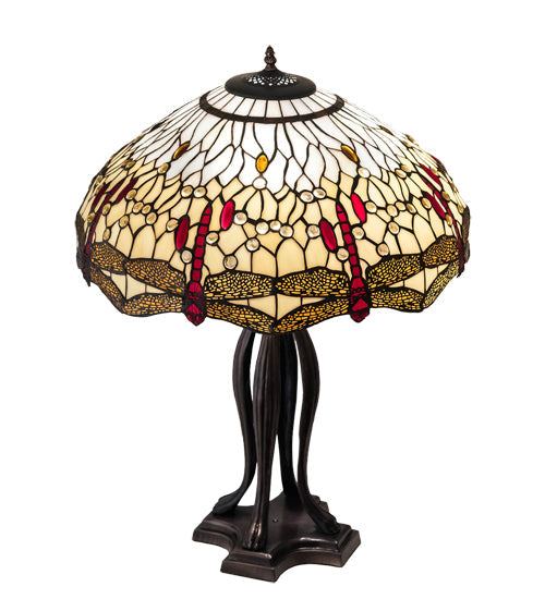 Meyda Lighting Tiffany Hanginghead Dragonfly 30" 3-Light Mahogany Bronze Table Lamp With Ruby & Amber Shade Glass