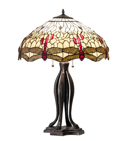 Meyda Lighting Tiffany Hanginghead Dragonfly 30" 3-Light Mahogany Bronze Table Lamp With Ruby & Amber Shade Glass