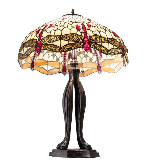 Meyda Lighting Tiffany Hanginghead Dragonfly 30" 3-Light Mahogany Bronze Table Lamp With Ruby & Amber Shade Glass