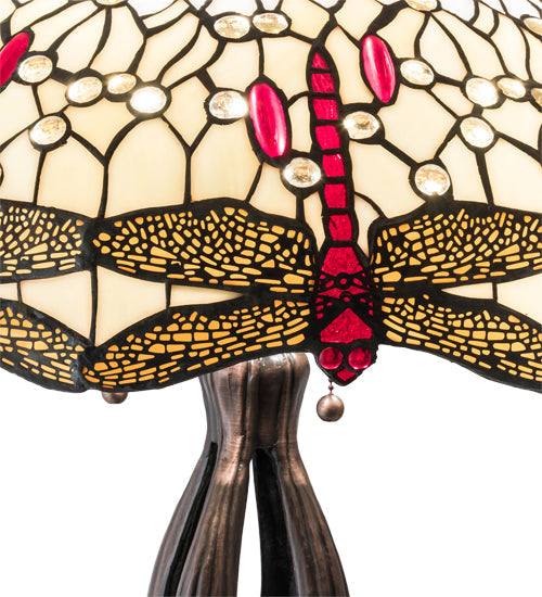 Meyda Lighting Tiffany Hanginghead Dragonfly 30" 3-Light Mahogany Bronze Table Lamp With Ruby & Amber Shade Glass