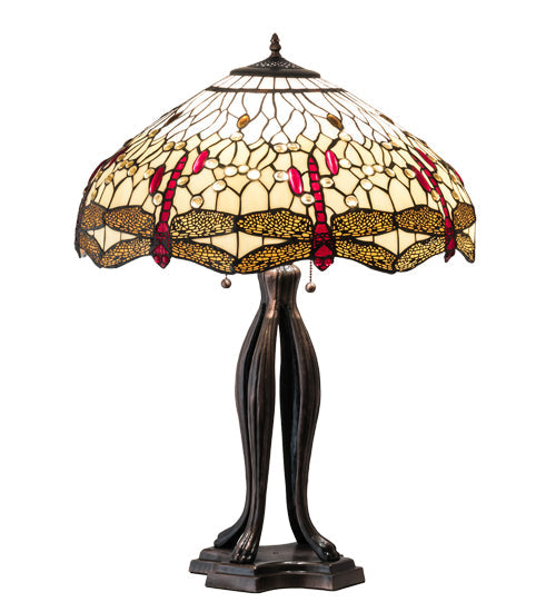 Meyda Lighting Tiffany Hanginghead Dragonfly 30" 3-Light Mahogany Bronze Table Lamp With Ruby & Amber Shade Glass
