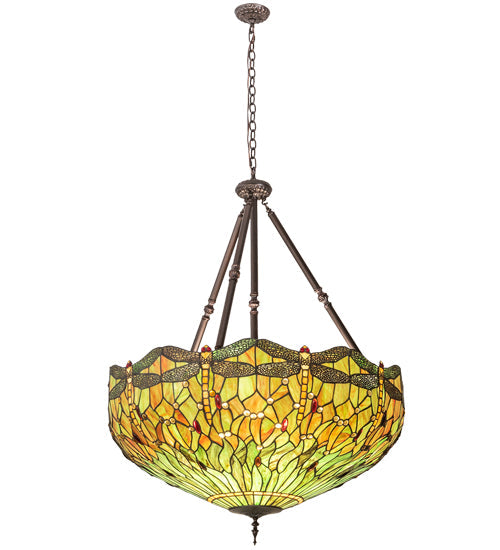 Meyda Lighting Tiffany Hanginghead Dragonfly 30283 38" 5-Light Mahogany Bronze Inverted Pendant Light With Multi-Colored Stained Shade Glass