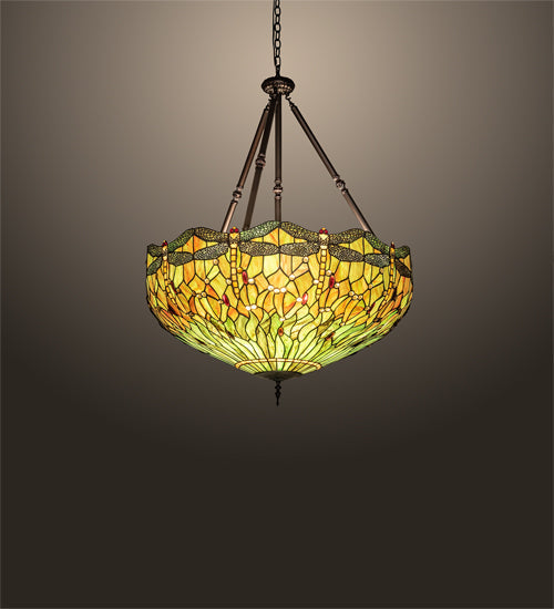 Meyda Lighting Tiffany Hanginghead Dragonfly 30283 38" 5-Light Mahogany Bronze Inverted Pendant Light With Multi-Colored Stained Shade Glass