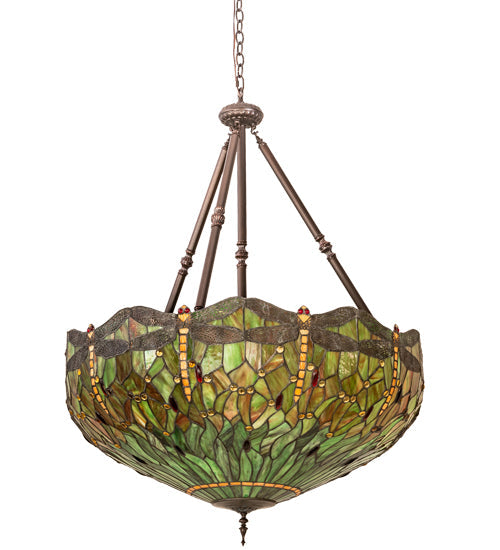 Meyda Lighting Tiffany Hanginghead Dragonfly 30283 38" 5-Light Mahogany Bronze Inverted Pendant Light With Multi-Colored Stained Shade Glass