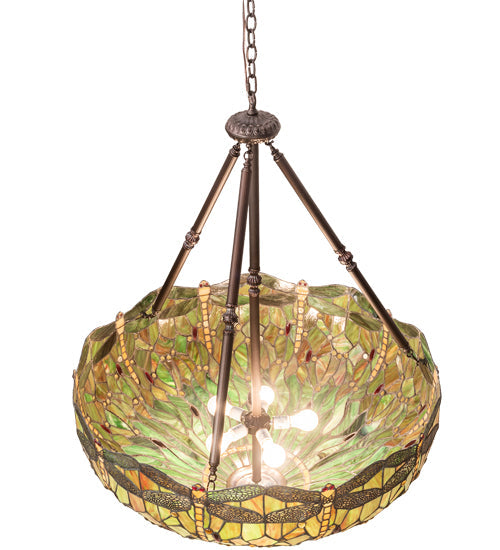 Meyda Lighting Tiffany Hanginghead Dragonfly 30283 38" 5-Light Mahogany Bronze Inverted Pendant Light With Multi-Colored Stained Shade Glass