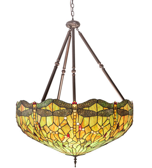 Meyda Lighting Tiffany Hanginghead Dragonfly 30283 38" 5-Light Mahogany Bronze Inverted Pendant Light With Multi-Colored Stained Shade Glass