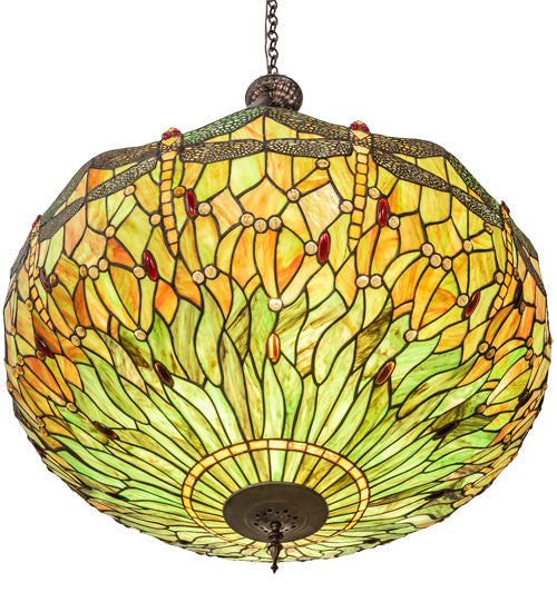 Meyda Lighting Tiffany Hanginghead Dragonfly 30283 38" 5-Light Mahogany Bronze Inverted Pendant Light With Multi-Colored Stained Shade Glass