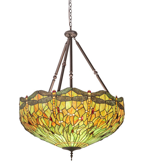 Meyda Lighting Tiffany Hanginghead Dragonfly 30283 38" 5-Light Mahogany Bronze Inverted Pendant Light With Multi-Colored Stained Shade Glass