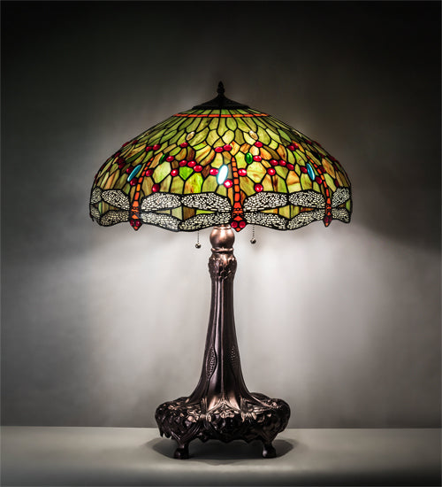 Meyda Lighting Tiffany Hanginghead Dragonfly 31" 3-Light Mahogany Bronze Table Lamp With Multi-Colored Shade Glass