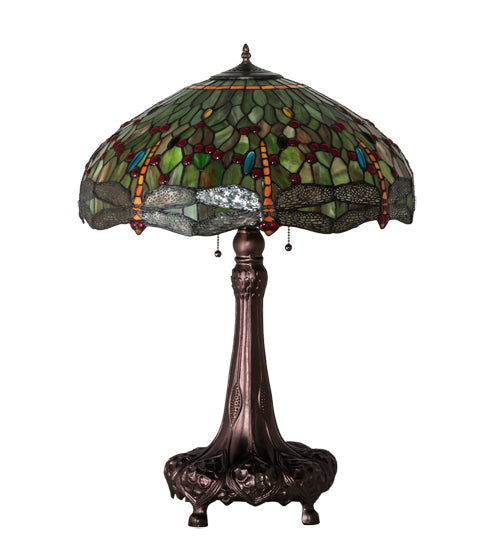 Meyda Lighting Tiffany Hanginghead Dragonfly 31" 3-Light Mahogany Bronze Table Lamp With Multi-Colored Shade Glass