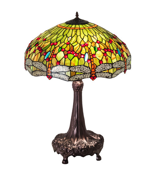 Meyda Lighting Tiffany Hanginghead Dragonfly 31" 3-Light Mahogany Bronze Table Lamp With Multi-Colored Shade Glass