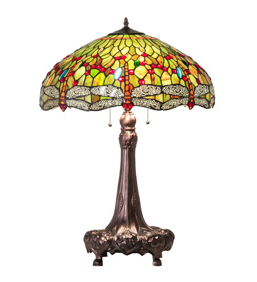 Meyda Lighting Tiffany Hanginghead Dragonfly 31" 3-Light Mahogany Bronze Table Lamp With Multi-Colored Shade Glass