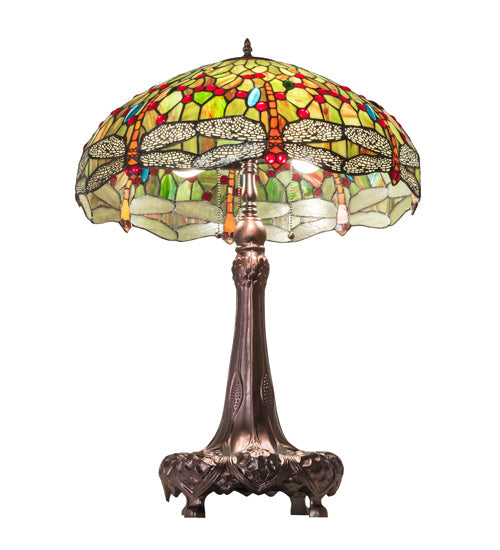 Meyda Lighting Tiffany Hanginghead Dragonfly 31" 3-Light Mahogany Bronze Table Lamp With Multi-Colored Shade Glass