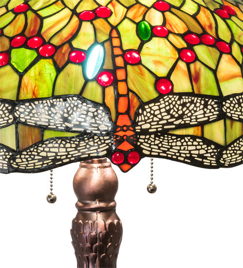 Meyda Lighting Tiffany Hanginghead Dragonfly 31" 3-Light Mahogany Bronze Table Lamp With Multi-Colored Shade Glass
