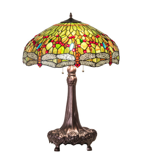 Meyda Lighting Tiffany Hanginghead Dragonfly 31" 3-Light Mahogany Bronze Table Lamp With Multi-Colored Shade Glass