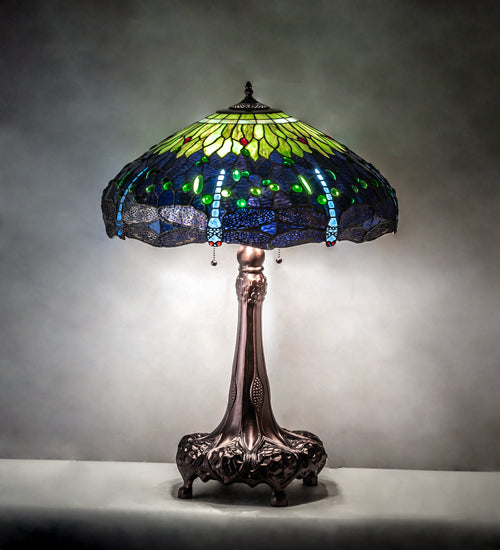 Meyda Lighting Tiffany Hanginghead Dragonfly 31" 3-Light Mahogany Bronze Table Lamp With Multi-Colored Stained Shade Glass