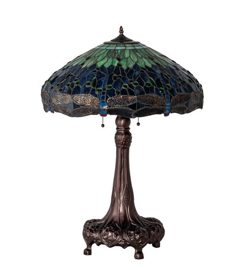 Meyda Lighting Tiffany Hanginghead Dragonfly 31" 3-Light Mahogany Bronze Table Lamp With Multi-Colored Stained Shade Glass