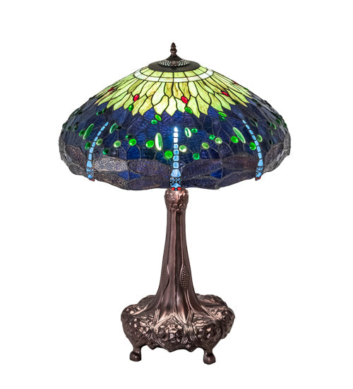 Meyda Lighting Tiffany Hanginghead Dragonfly 31" 3-Light Mahogany Bronze Table Lamp With Multi-Colored Stained Shade Glass