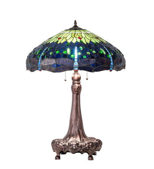 Meyda Lighting Tiffany Hanginghead Dragonfly 31" 3-Light Mahogany Bronze Table Lamp With Multi-Colored Stained Shade Glass