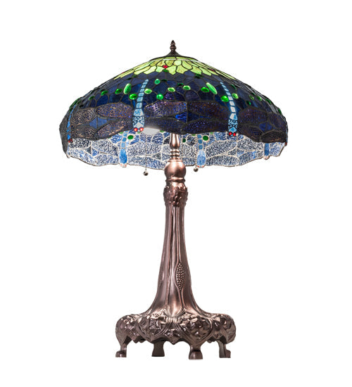 Meyda Lighting Tiffany Hanginghead Dragonfly 31" 3-Light Mahogany Bronze Table Lamp With Multi-Colored Stained Shade Glass