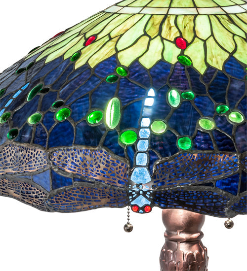 Meyda Lighting Tiffany Hanginghead Dragonfly 31" 3-Light Mahogany Bronze Table Lamp With Multi-Colored Stained Shade Glass