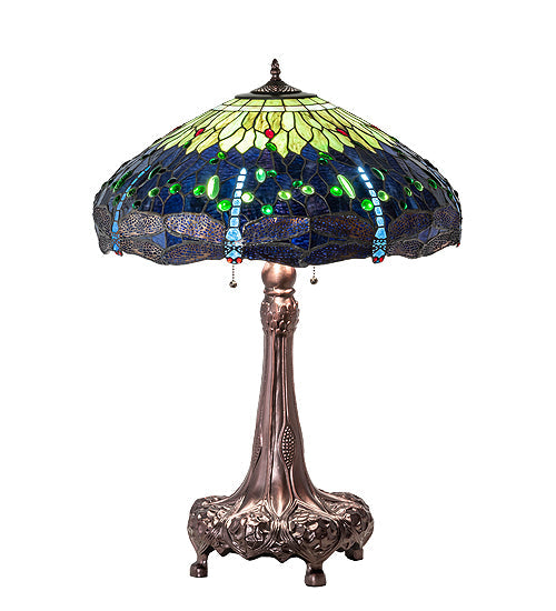 Meyda Lighting Tiffany Hanginghead Dragonfly 31" 3-Light Mahogany Bronze Table Lamp With Multi-Colored Stained Shade Glass