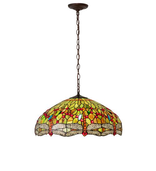Meyda Lighting Tiffany Hanginghead Dragonfly 31108 22" 3-Light Mahogany Bronze Pendant Light With Multi-Colored Shade Glass