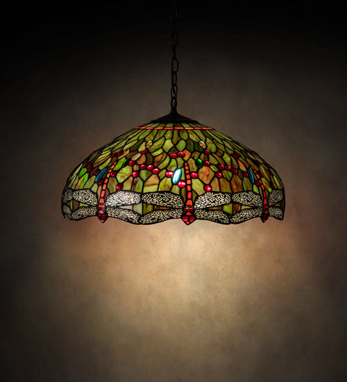 Meyda Lighting Tiffany Hanginghead Dragonfly 31108 22" 3-Light Mahogany Bronze Pendant Light With Multi-Colored Shade Glass